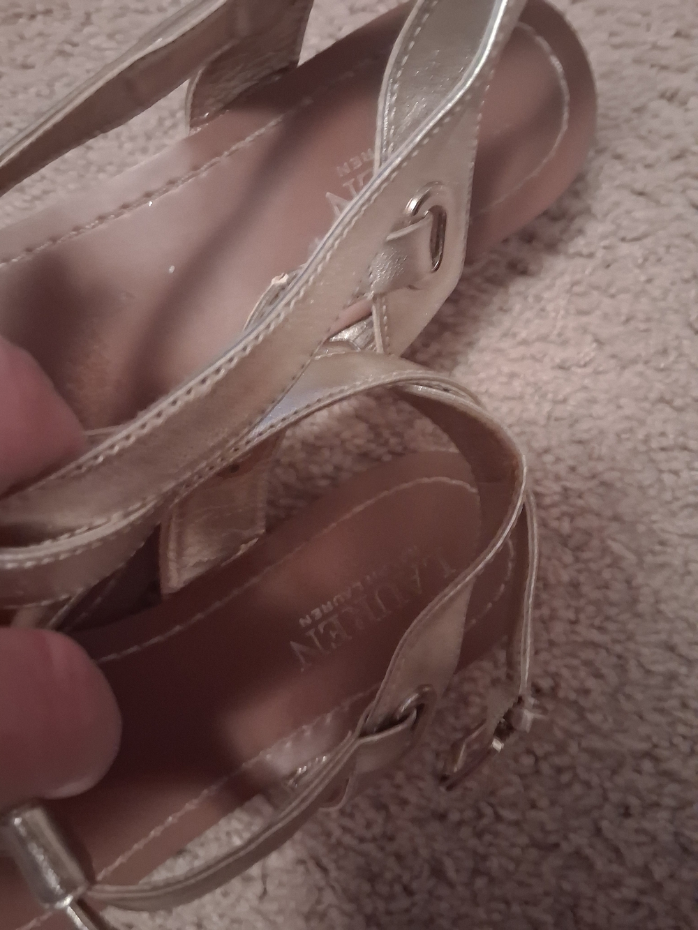 Ralph Lauren Metallic Gold Leather T-Strap Sandals - Picture 4 of 6